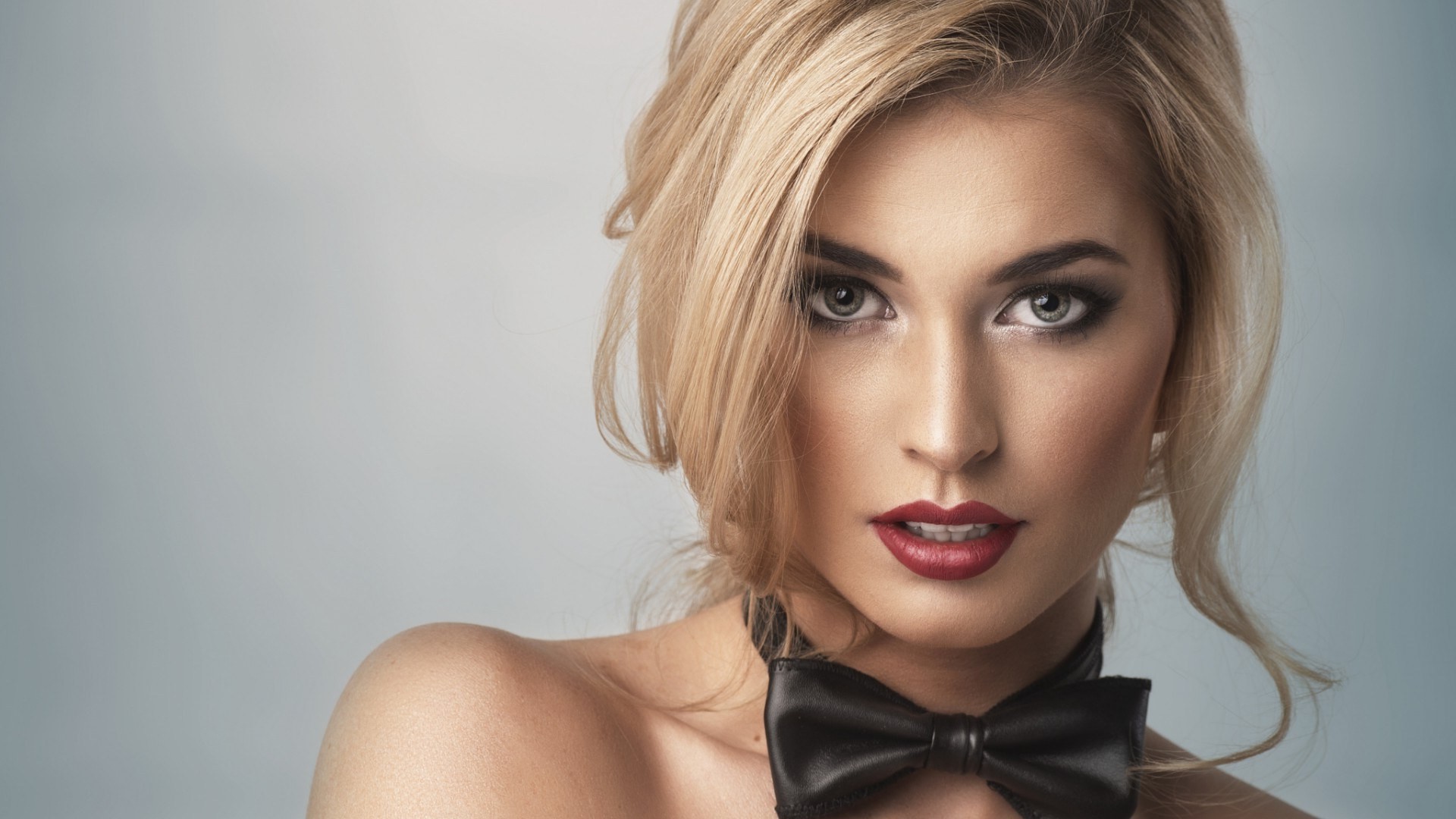 women, Model, Blonde, Long Hair, Face, Open Mouth, Bare Shoulders, Looking At Viewer, Portrait, Bow tie, Simple Background, Red Lipstick, Makeup Wallpaper