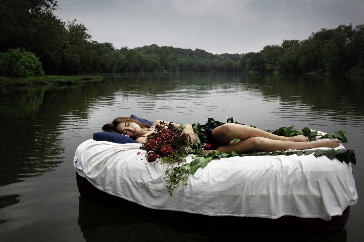 women Outdoors, Women, Model, Barefoot, Lying Down, Bouquets, Bed, River, Sleeping, Trees HD Wallpaper Desktop Background