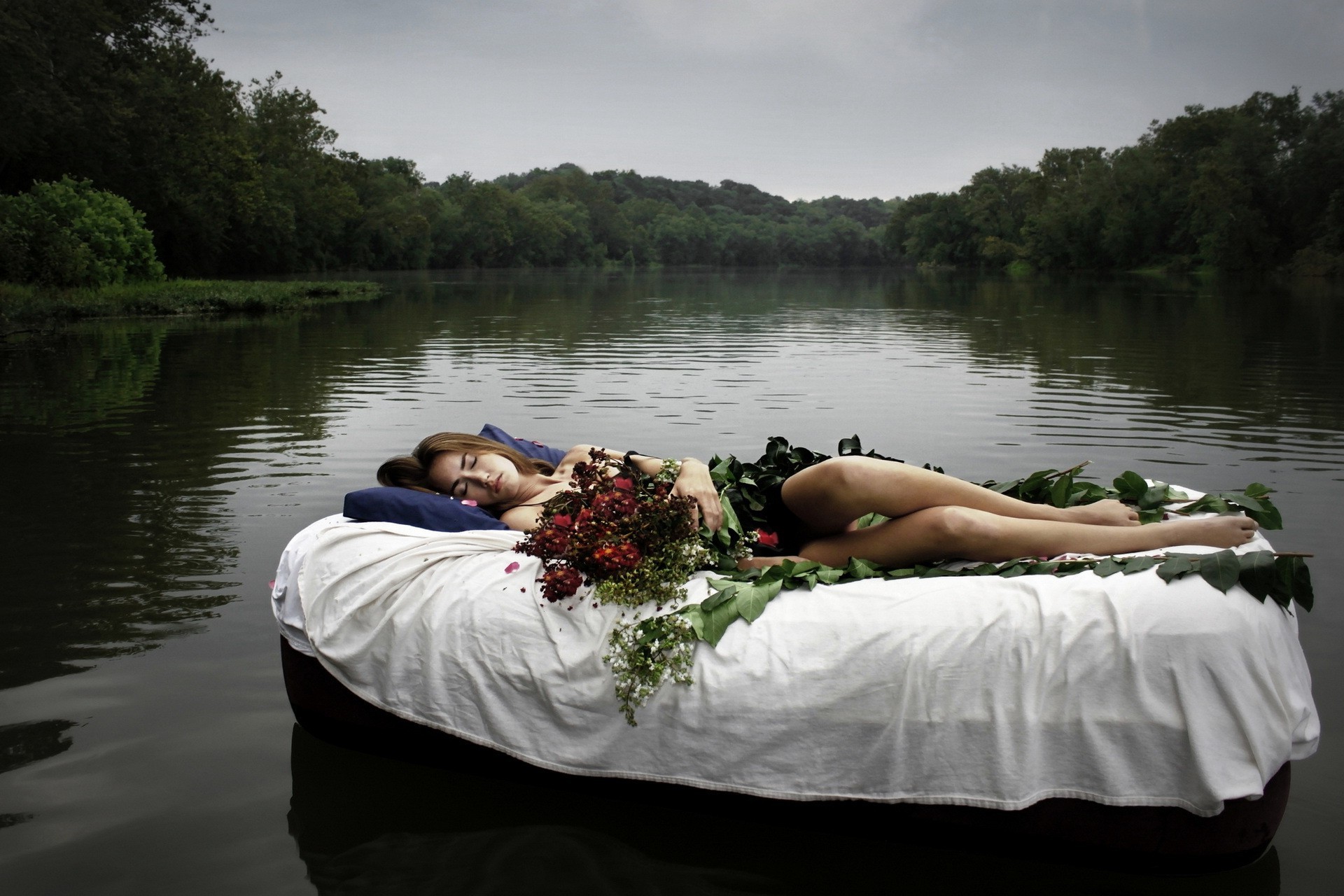 women Outdoors, Women, Model, Barefoot, Lying Down, Bouquets, Bed, River, Sleeping, Trees Wallpaper