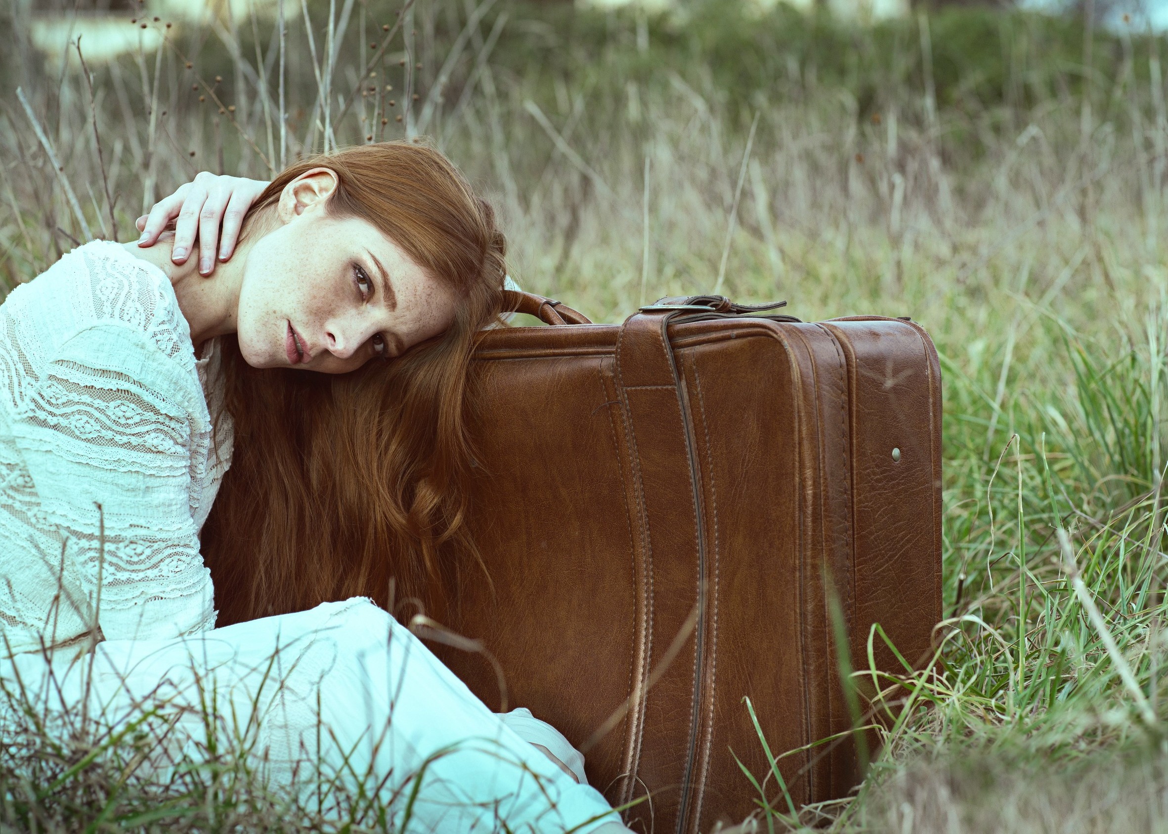 women Outdoors, Women, Model, Freckles, Redhead, Suitcases Wallpaper
