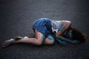 women, Barefoot, Lying Down, Body Paint, Denim Skirt, Vignette, Blue, Ground