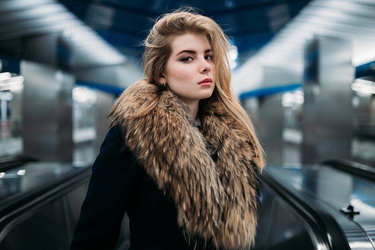 Irina Popova, Model, Long Hair, Looking At Viewer, Blonde, Ivan Proskurin, Depth Of Field, Fur Coats, Makeup HD Wallpaper Desktop Background