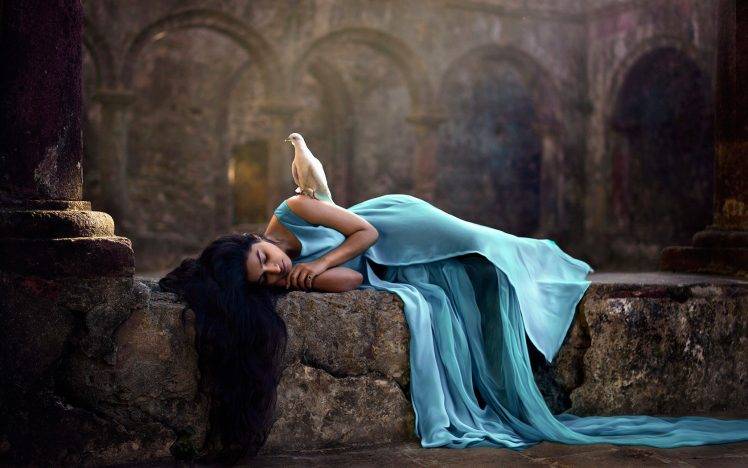 women, Model, Lying Down, Brunette, Long Hair, Indian, Blue Dress, Birds, Doves, Pillar HD Wallpaper Desktop Background