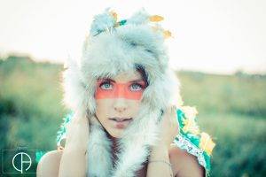 women, Blue Eyes, Looking At Viewer, Fluffy Hat, Face Paint