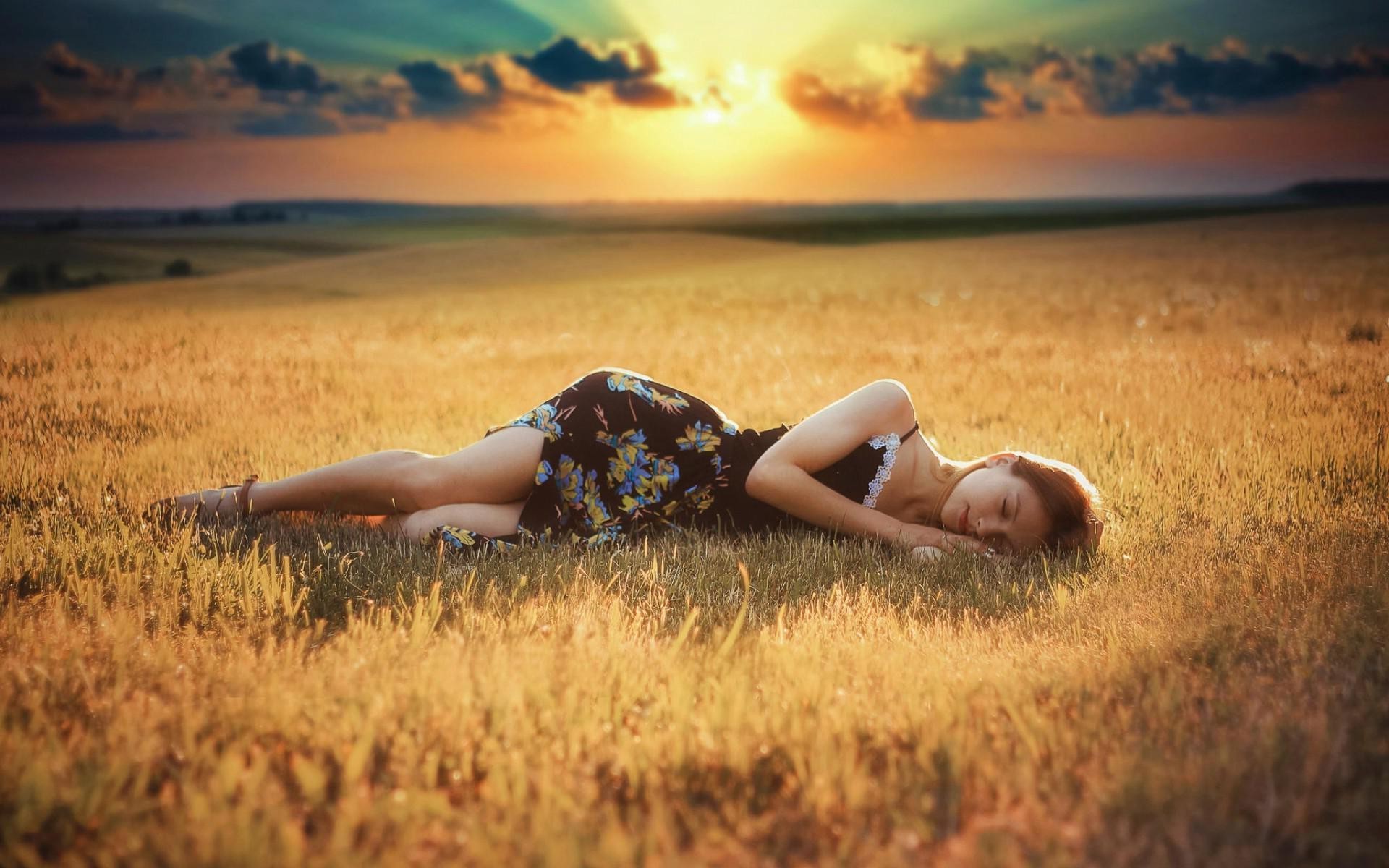 women, Lying Down, Field, Summer  Dress Wallpaper