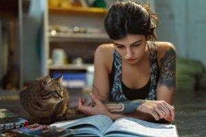 women, Tattoos, Books, Cat