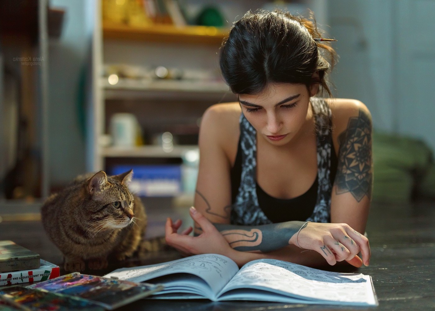 women, Tattoos, Books, Cat Wallpaper