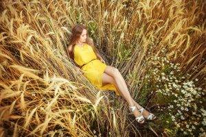 women, Model, Summer  Dress, Yellow Dress, Field