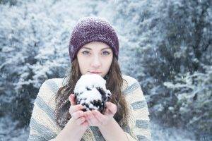women, Blue Eyes, Brunette, Winter, Snow