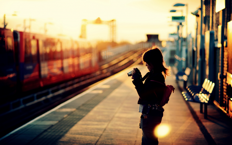 women, Sunset, Train Station, Bokeh, Depth Of Field, Camera HD Wallpaper Desktop Background