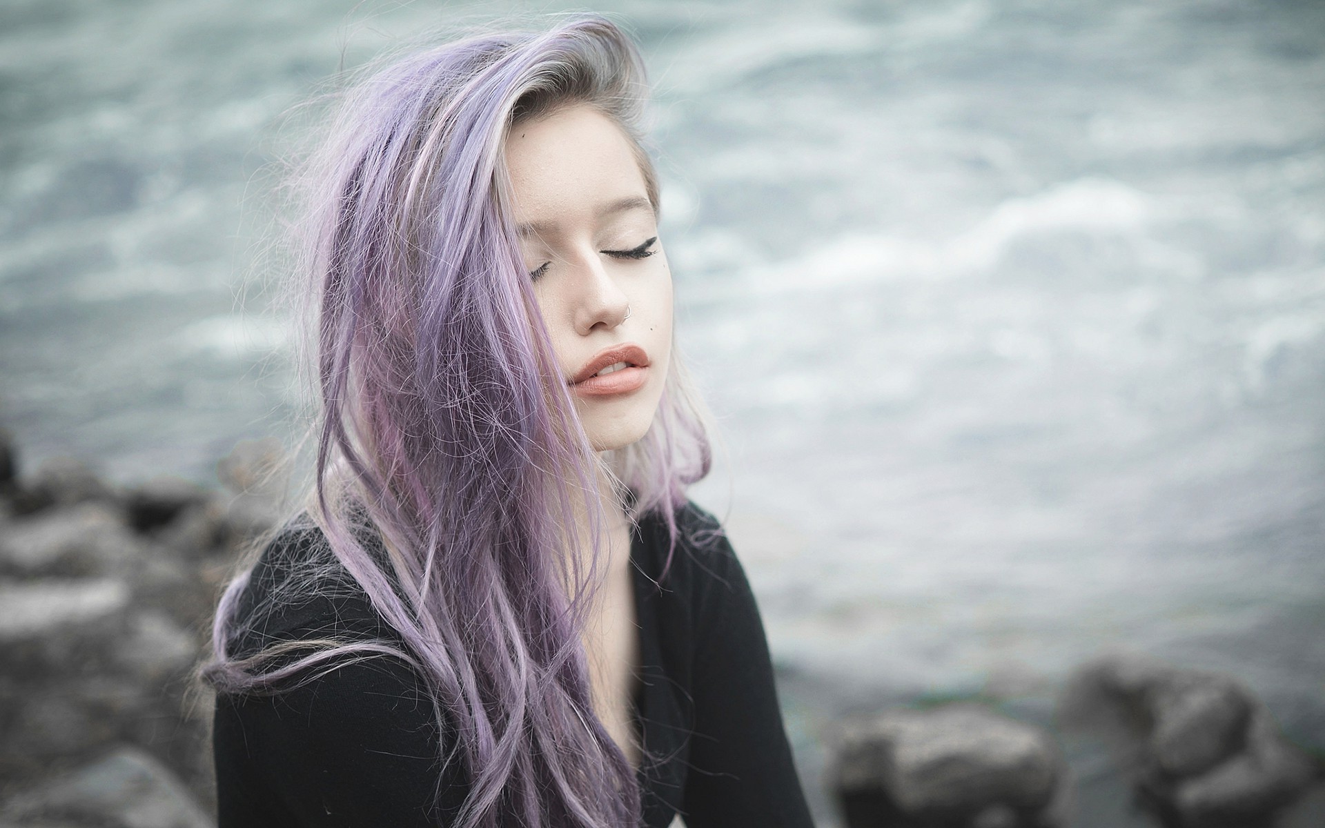 women, Dyed Hair, Purple Hair, Closed Eyes Wallpaper
