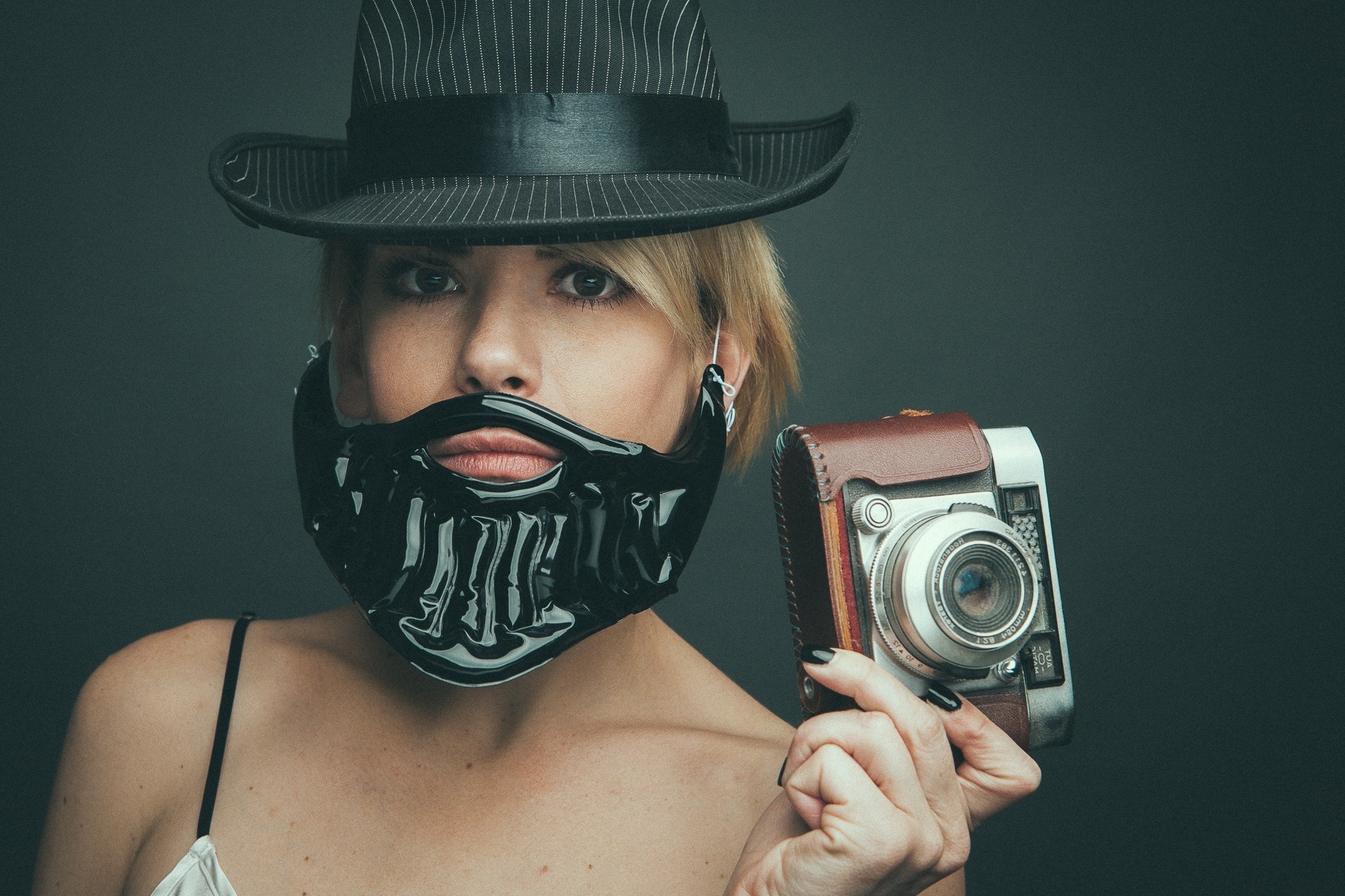 women, Camera, Black Nails, Hat Wallpaper