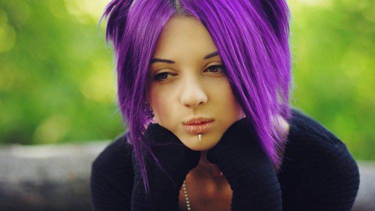 women, Purple Hair, Dyed Hair, Piercing HD Wallpaper Desktop Background