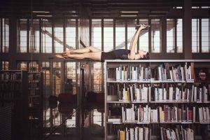 women, Barefoot, Lying Down, Library, Reading