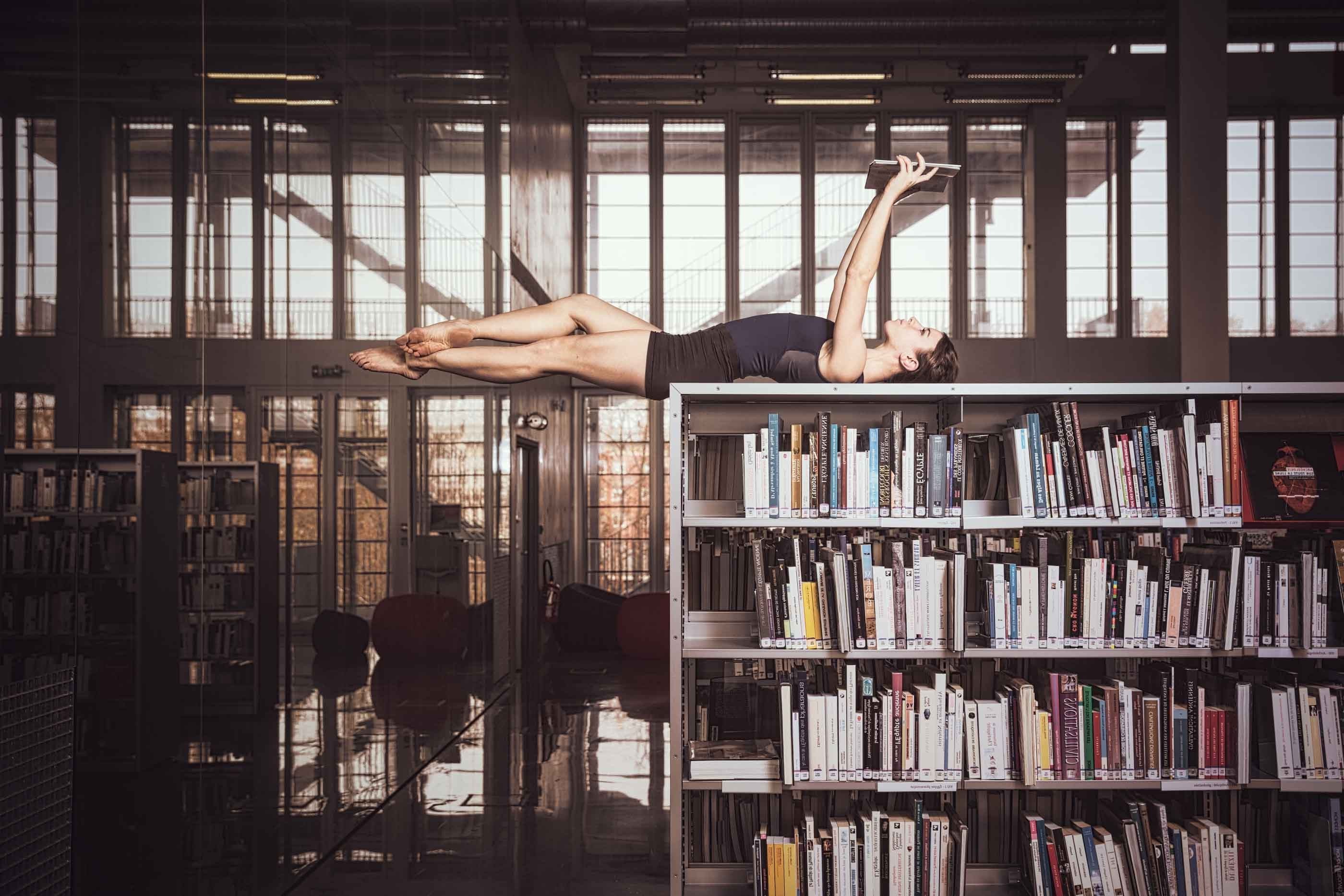women, Barefoot, Lying Down, Library, Reading Wallpaper