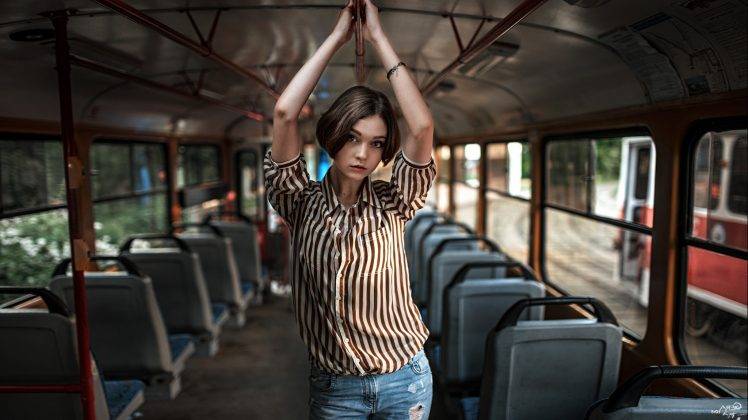 women, Short Hair, Brunette, Buses HD Wallpaper Desktop Background