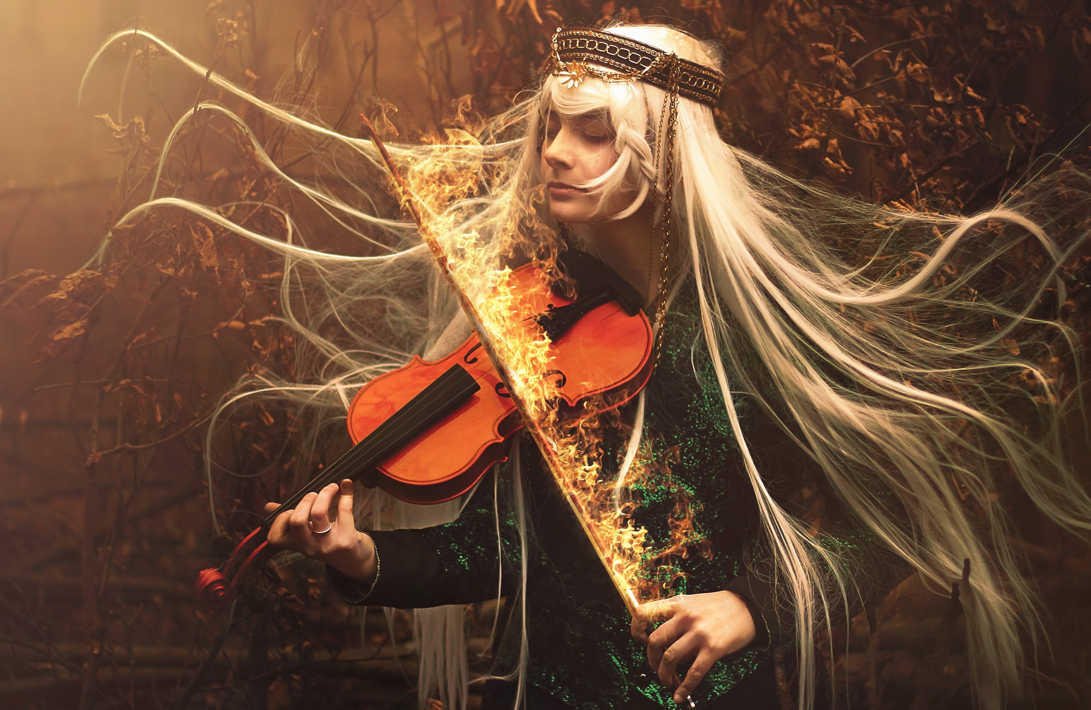 blonde, Fantasy Art, Music, Violin, Fire Wallpaper