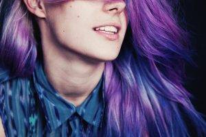 women, Model, Purple Hair, Dyed Hair, Long Hair, Face, Open Mouth, Chloe Nørgaard, Looking Away, Hair In Face, Portrait, Portrait Display, Blue Dress