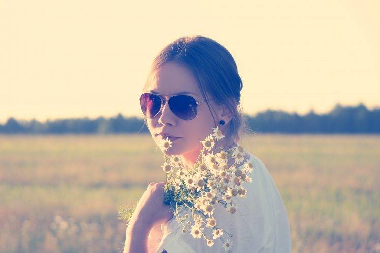 women, Flowers, Sunglasses, Field HD Wallpaper Desktop Background