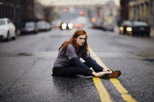 women, Redhead, Sitting, Looking At Viewer, Road