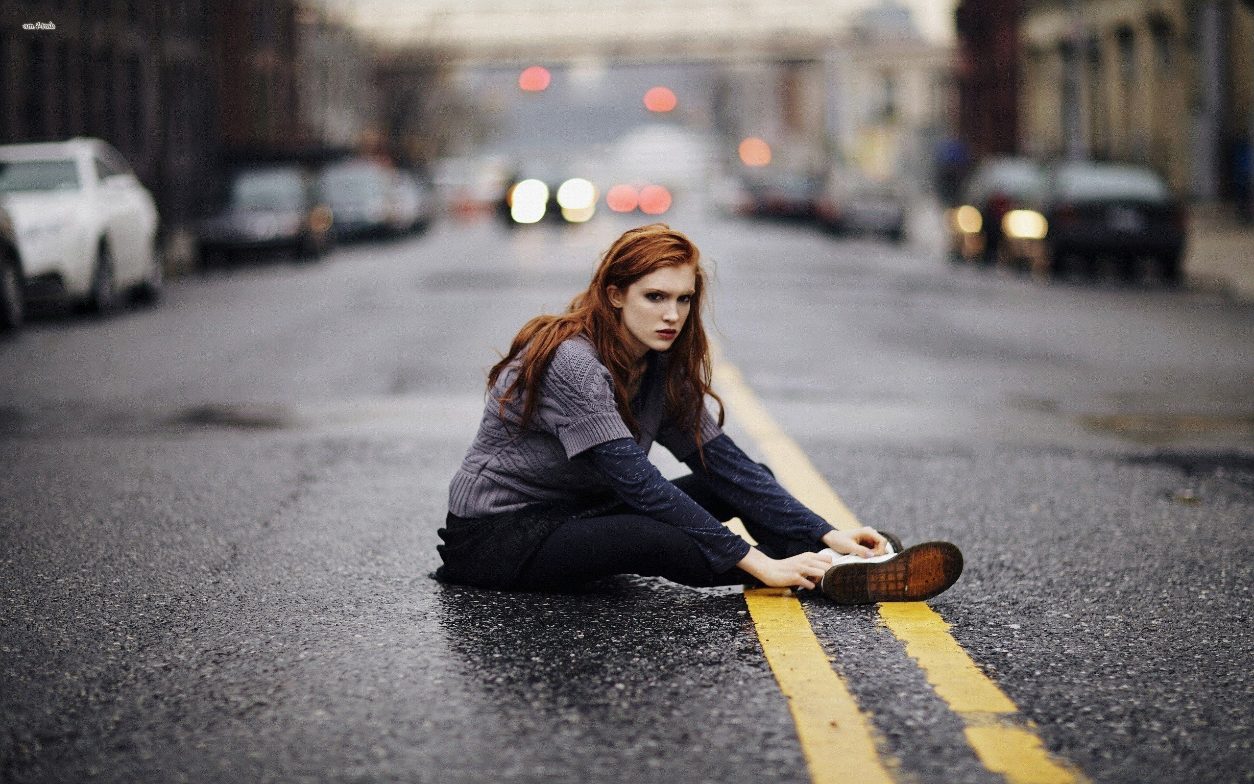 women, Redhead, Sitting, Looking At Viewer, Road Wallpaper