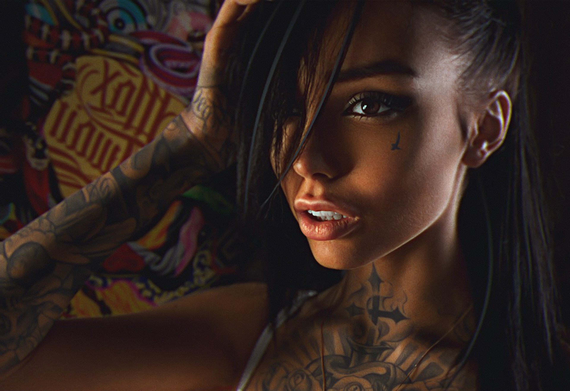 women, Eyes, Lips, Tattoo Wallpaper