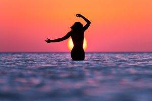 women, Water, Beach, Sky, Sunset