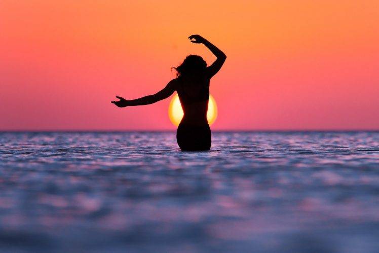 women, Water, Beach, Sky, Sunset HD Wallpaper Desktop Background
