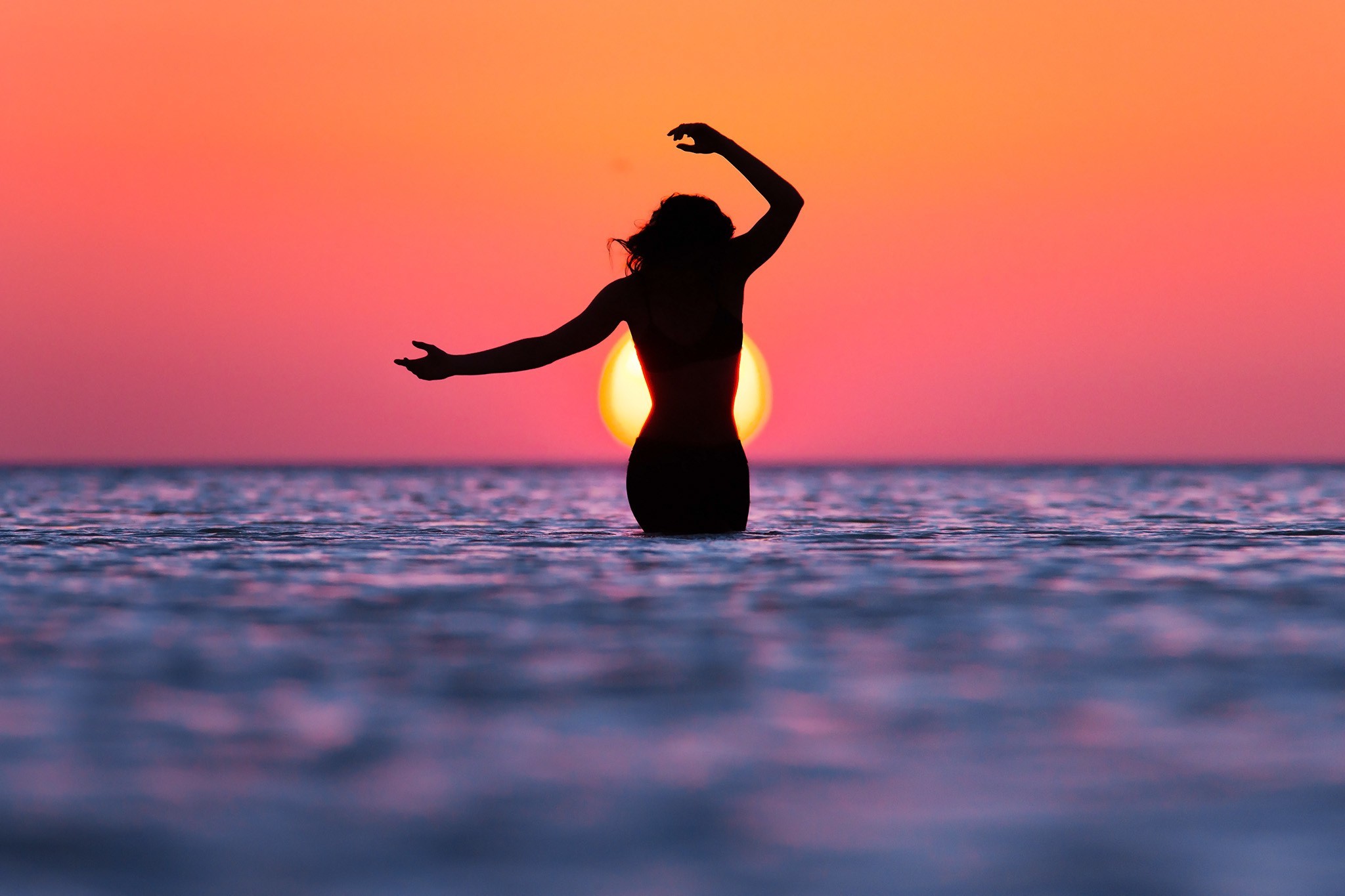 women, Water, Beach, Sky, Sunset Wallpaper