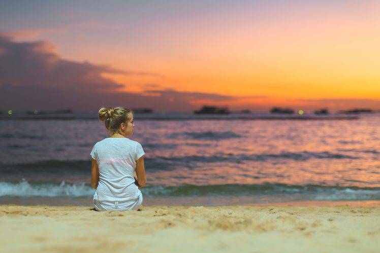 women, Beach, Water, Sunset HD Wallpaper Desktop Background