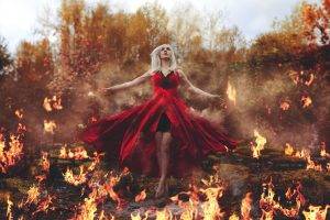 women, Blonde, Barefoot, Fire, Red Dress