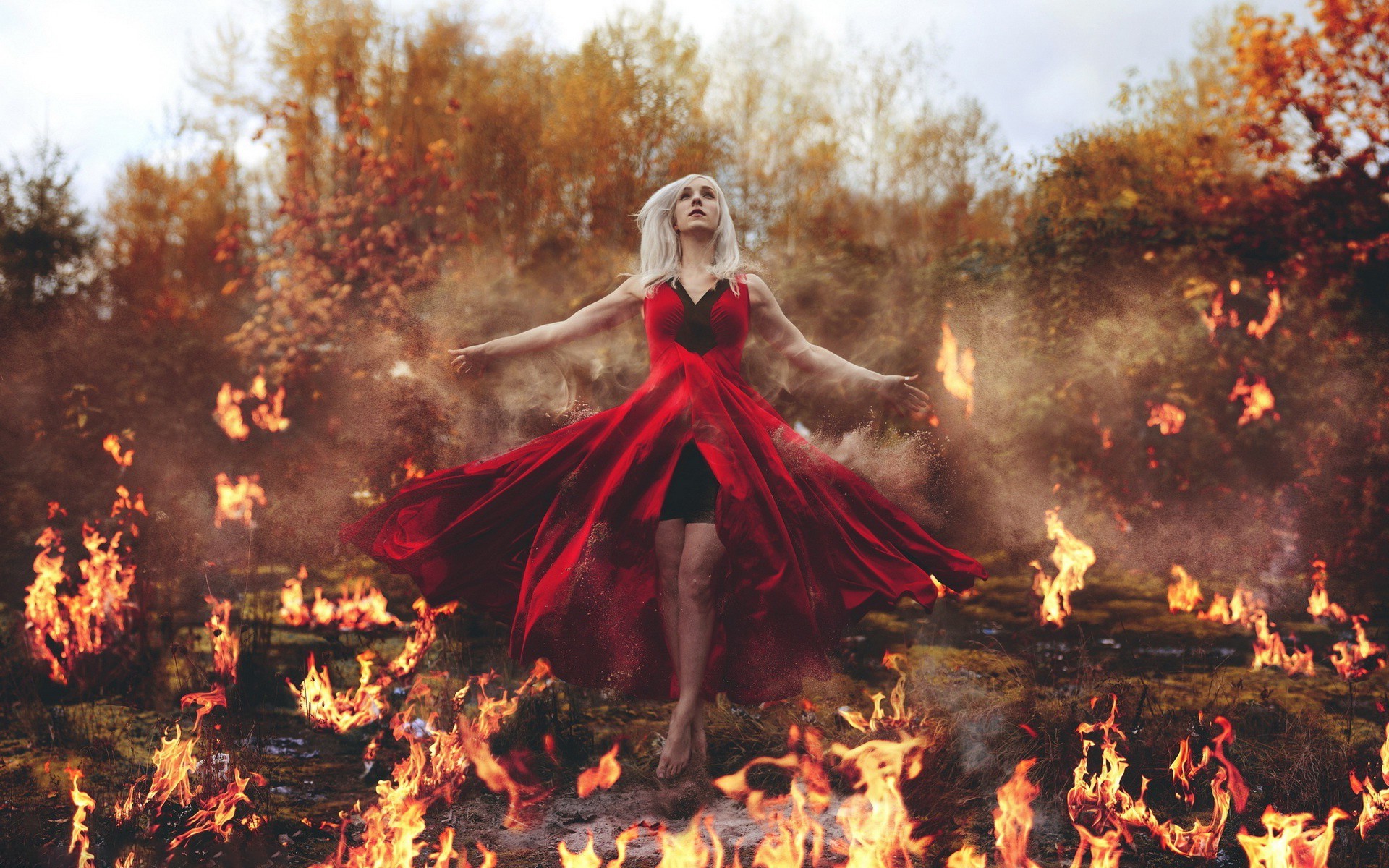 women, Blonde, Barefoot, Fire, Red Dress Wallpaper