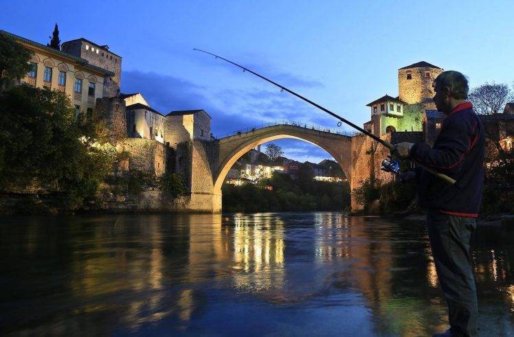 Mostar, Bosnia And Herzegovina, Fishing, Old Bridge, Night HD Wallpaper Desktop Background