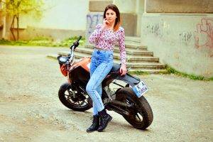 hand On Face, Women With Bikes, KTM, Jeans