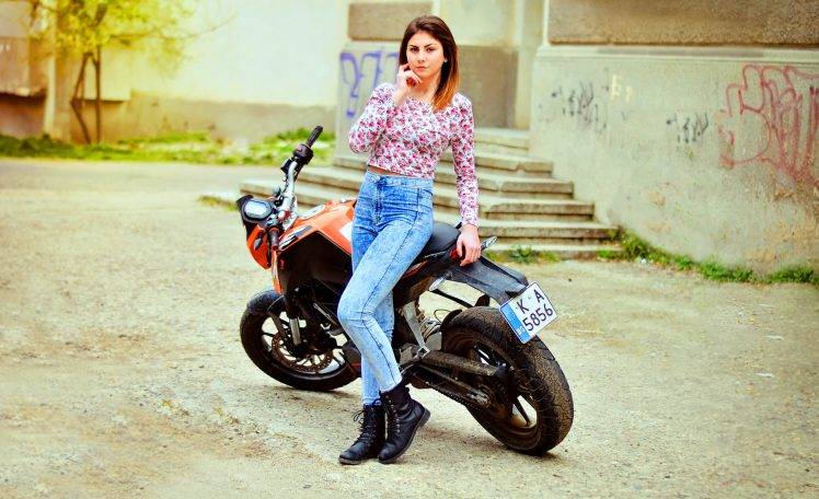 hand On Face, Women With Bikes, KTM, Jeans HD Wallpaper Desktop Background