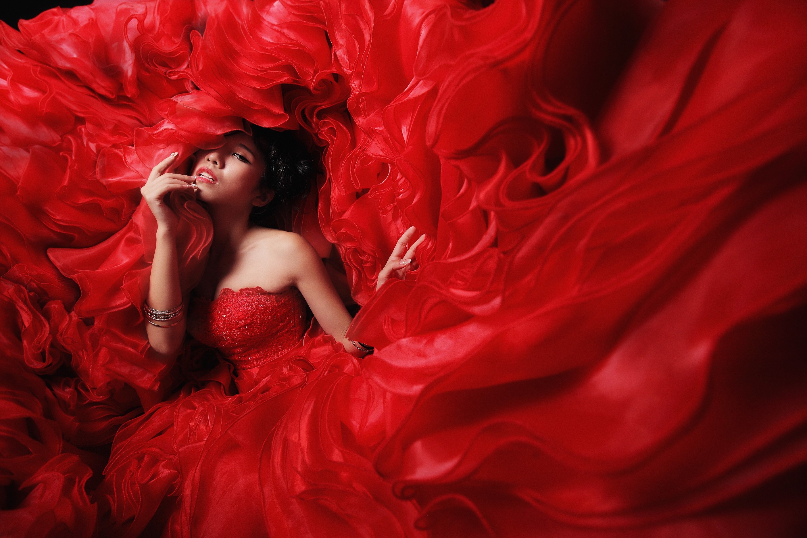 women, Model, Asian, Bare Shoulders, Red, Dress, Red Dress, Fashion, Gowns, Bangles Wallpaper