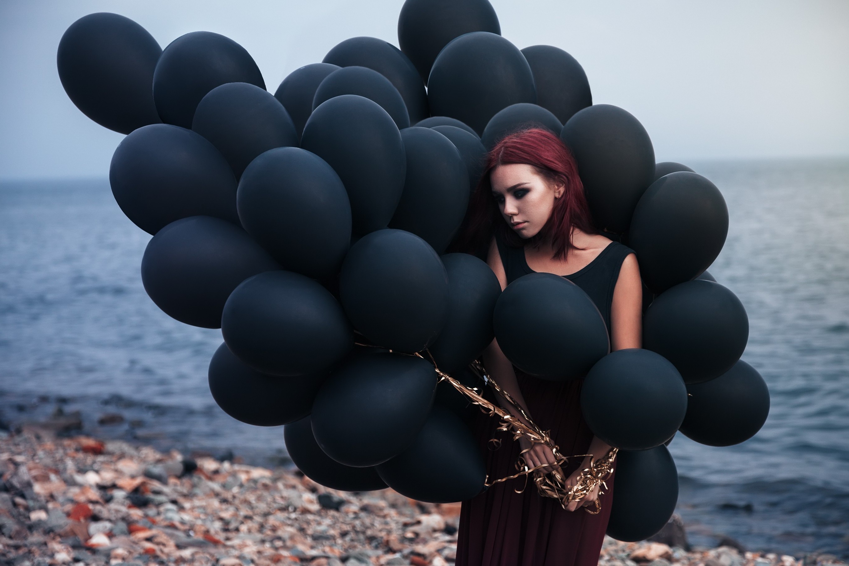 women, Model, Women Outdoors, Redhead, Balloons, Beach Wallpaper