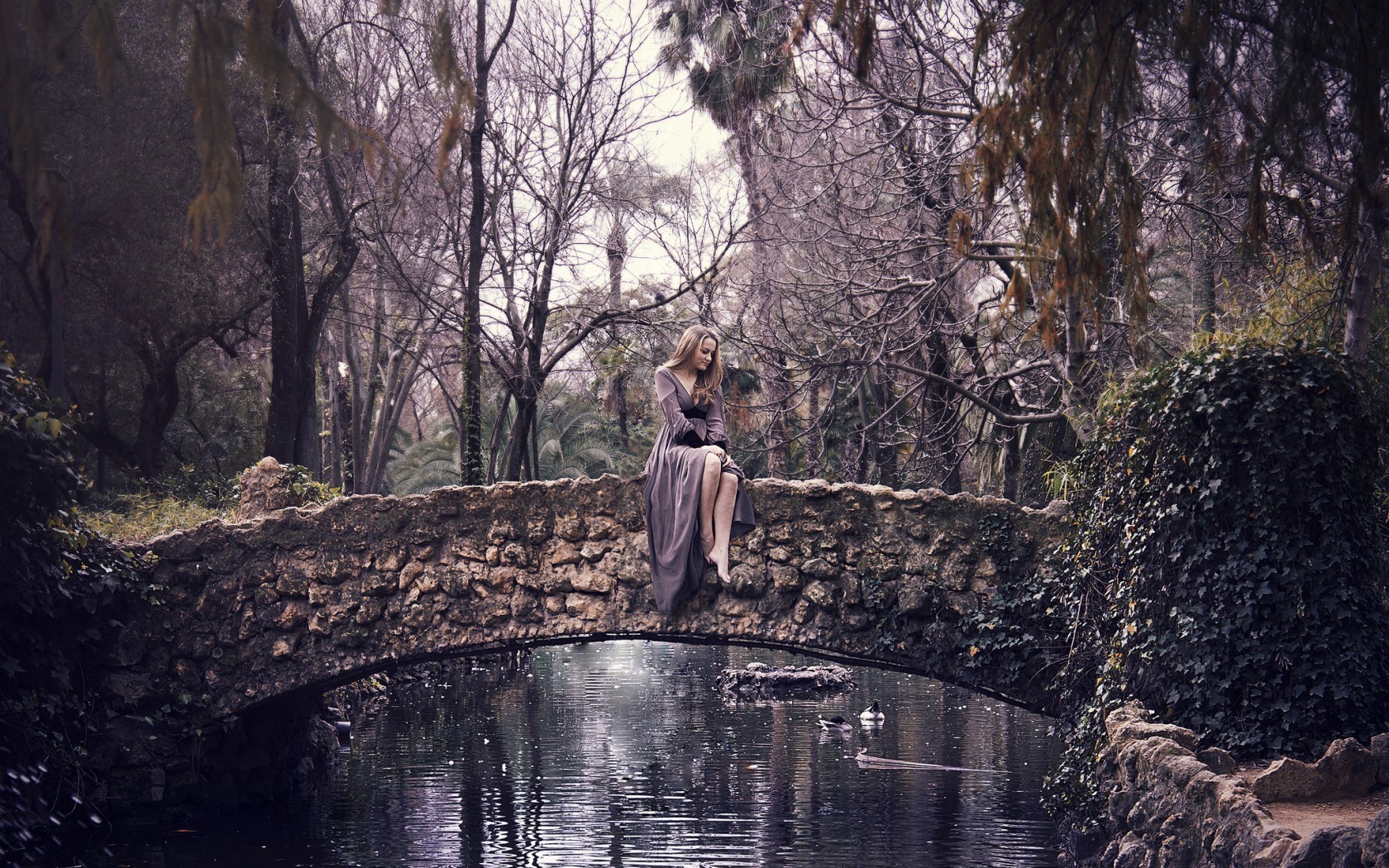 women Outdoors, Sitting, Nature, Bridge, Trees, Water Wallpaper