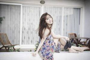 women, Model, Redhead, Long Hair, Looking At Viewer, Asian, Barefoot, Sitting, Bare Shoulders, Women Outdoors, Dress, Flip Flops, Smiling, Window, Deck Chairs, Floral