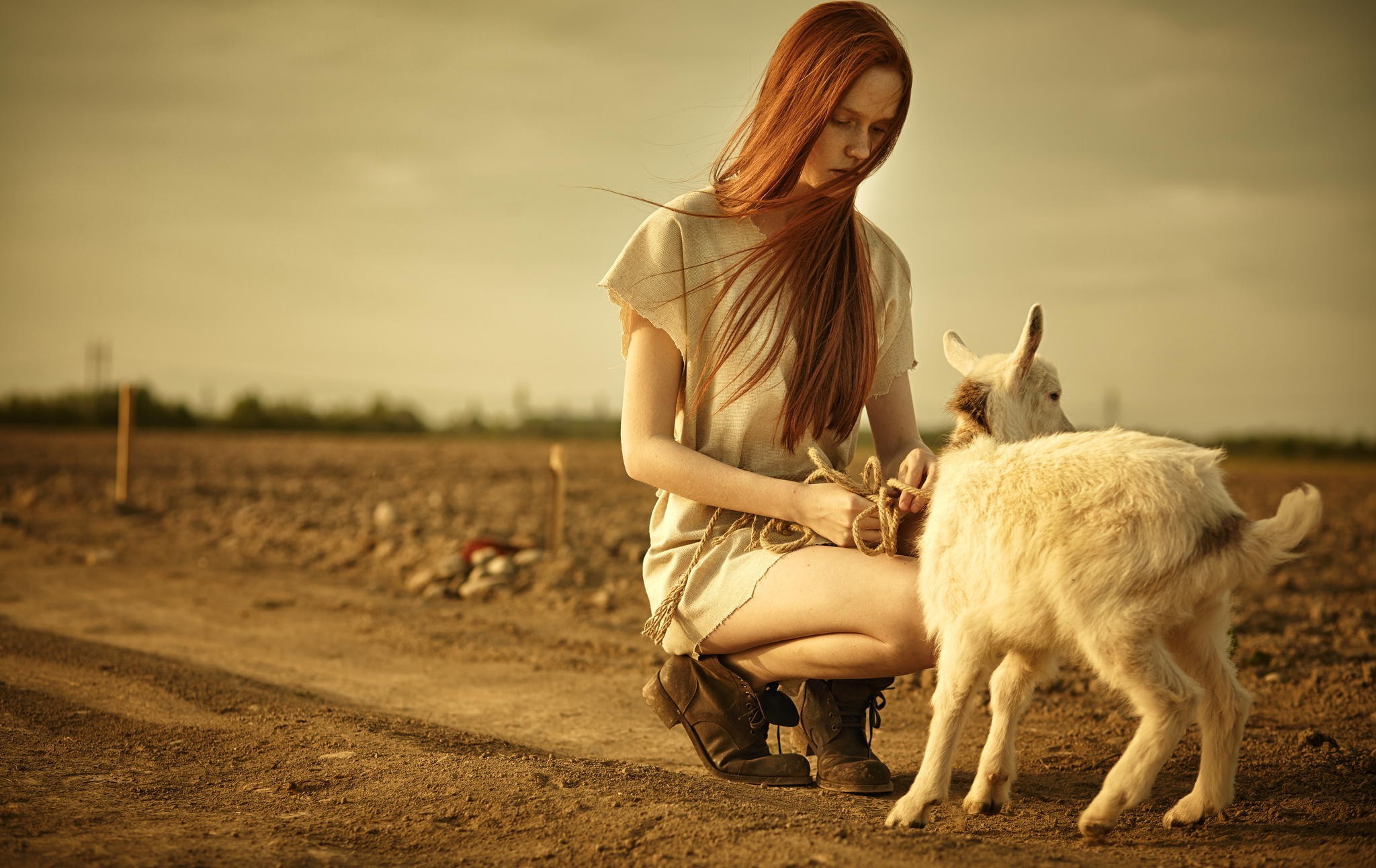 women, Redhead, Women Outdoors, Goats Wallpaper