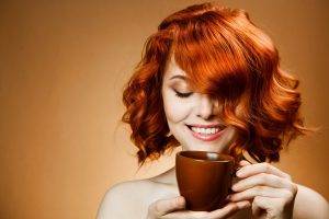 women, Redhead, Curly Hair, Cup, Smiling