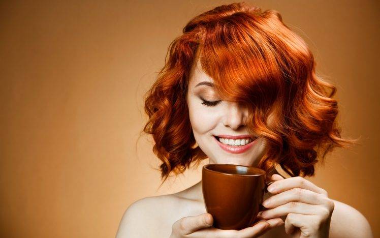 women, Redhead, Curly Hair, Cup, Smiling HD Wallpaper Desktop Background