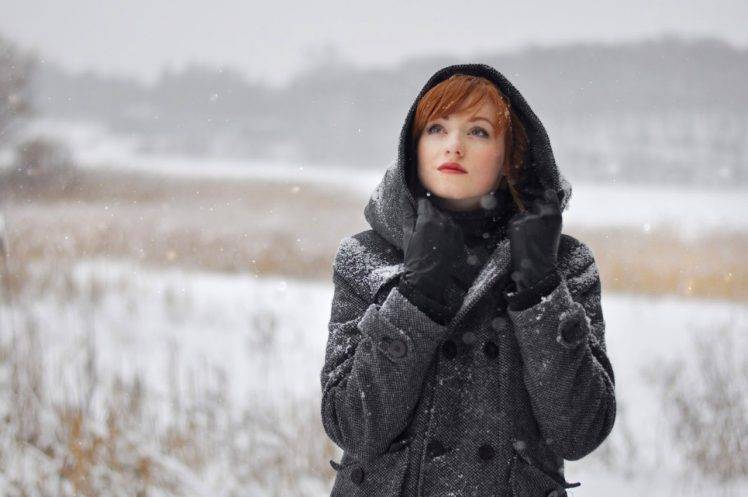 women, Redhead, Alina Kovalenko, Women Outdoors, Snow, Hoods, Coats HD Wallpaper Desktop Background