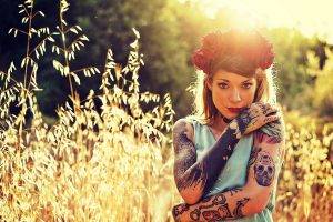 tattoos, Women Outdoors, Women, Model, Field, Sunlight