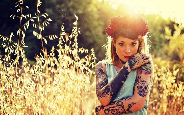 tattoos, Women Outdoors, Women, Model, Field, Sunlight HD Wallpaper Desktop Background