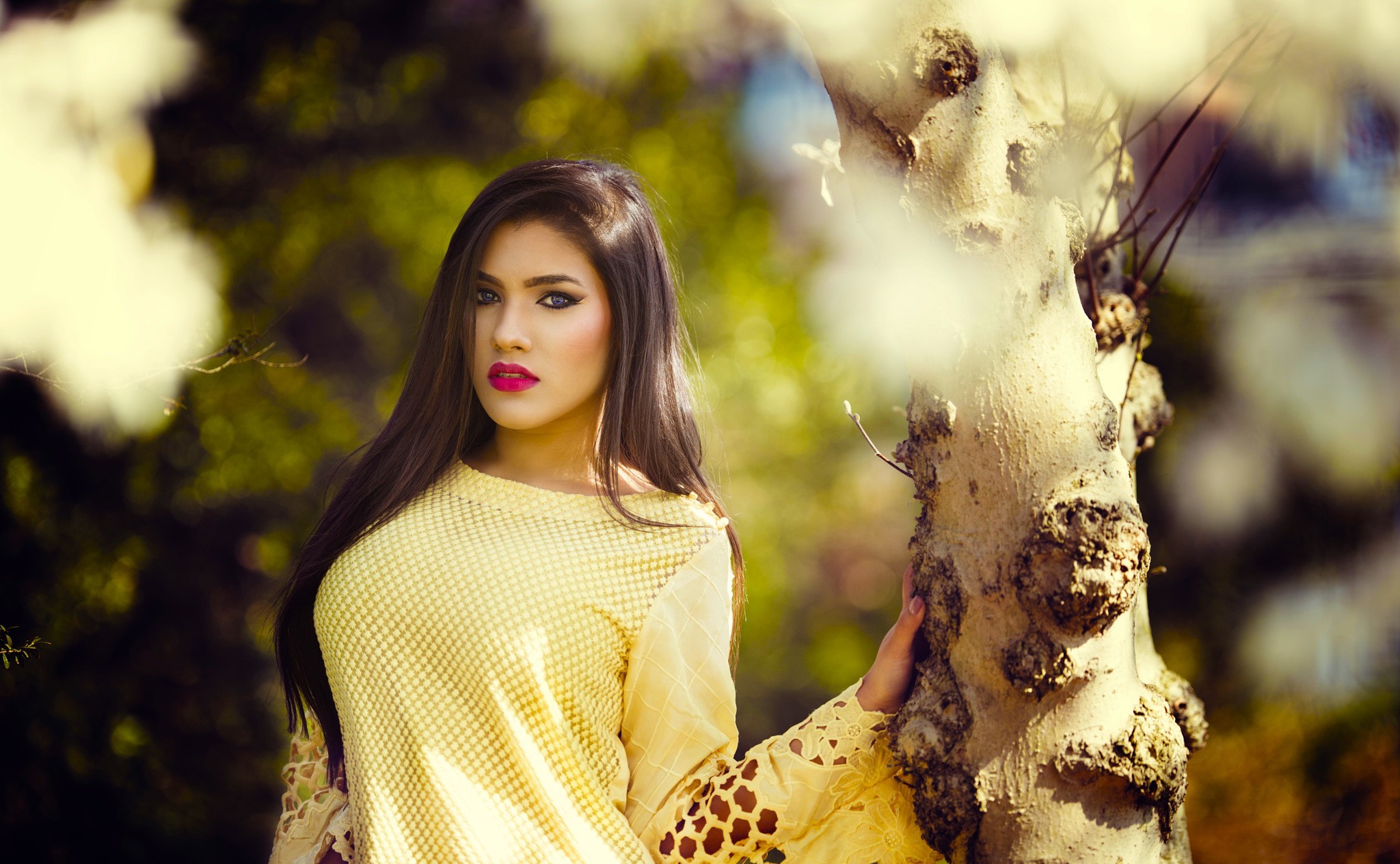 women, Model, Asian, Yellow, Trees Wallpaper