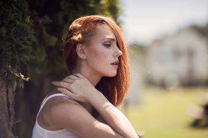 women, Ruby James, Redhead, Freckles, Hair In Face, Profile, Looking Away, Kyra Karmichael, Women Outdoors