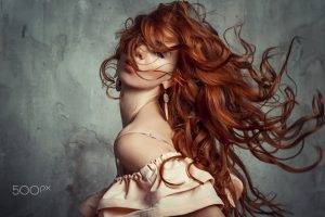redhead, Wavy Hair, Dark Eyes, Liliya Nazarova, Windy, Dress, Portrait