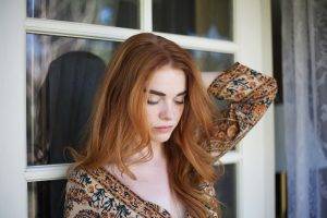 women, Ruby James, Redhead, Looking Down, Against Wall