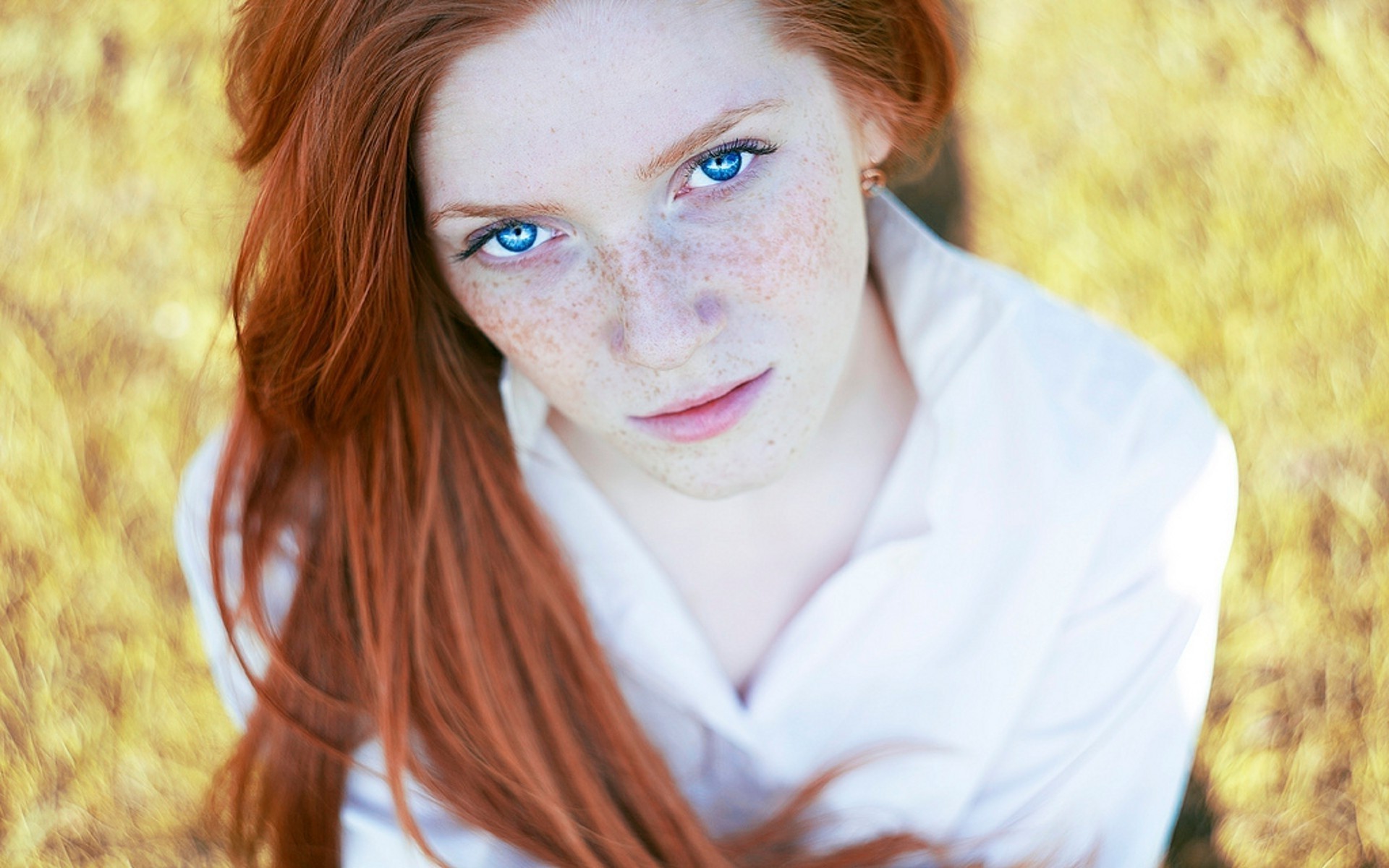 Women Redhead Freckles Blue Eyes Looking At Viewer Piercing Eyes